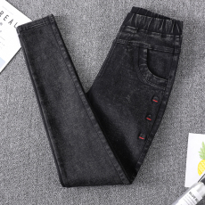 批发实拍春新款高腰弹力大码小脚女长裤仿牛仔胖MM200斤修身外穿女裤