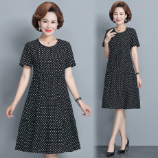 批发中老年妈妈连衣裙洋气阔太太中年女短袖<b class='q'>夏</b>装裙子圆点直筒雪纺新款