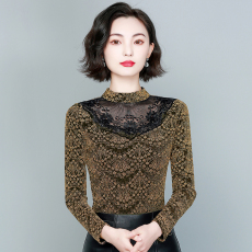 批发实拍2023秋季新款高领时尚镂空绣花网纱保暖上衣打底衫