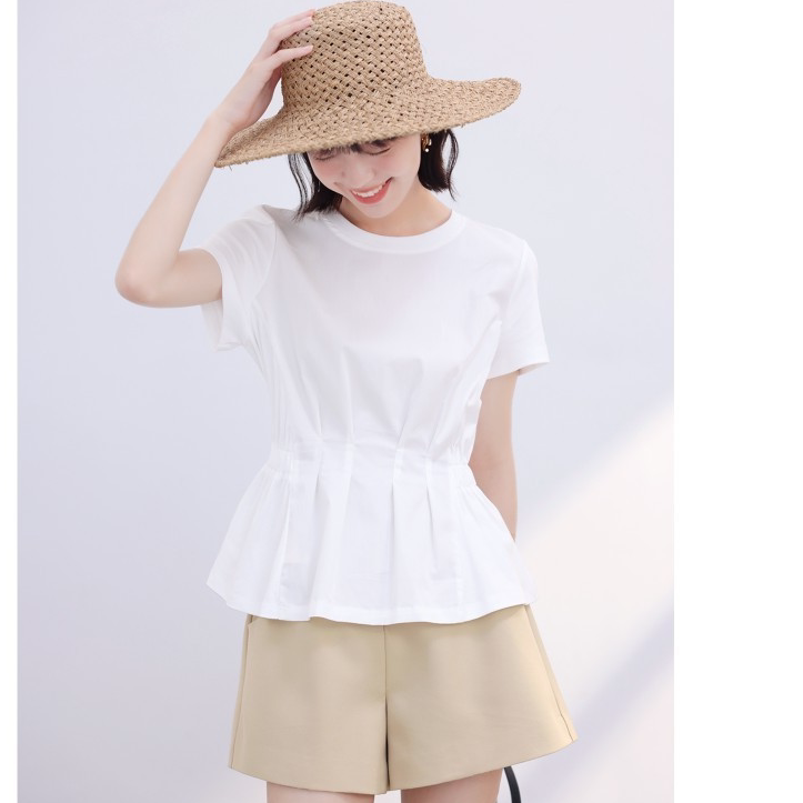 elegant room Chic 디자인 센스 허리 수축 슬림해 보이는 허리 핀치 Pleat 반팔 풀오버 티셔츠 여름