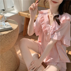 批发实拍实价韩版<b class='q'>全棉</b>提花重工甜美刺绣花边短袖短裤套装外穿家居服