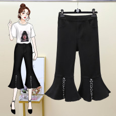 批发大码胖妹妹2026新款夏季微喇七分裤高腰显瘦前开叉钉珠弹力牛仔裤