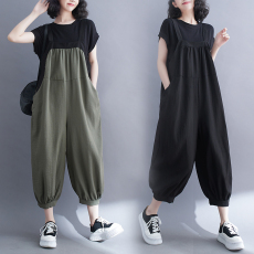 批发大码女装<b class='q'>夏</b>季文艺棉麻背带裤女宽松九分裤显瘦洋气吊带连体灯笼裤