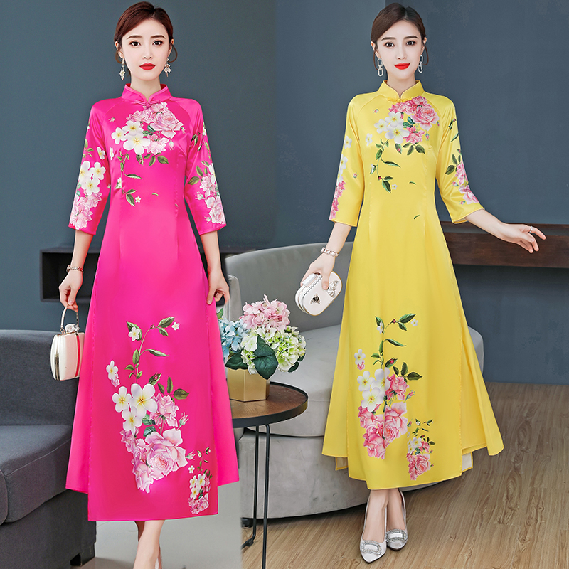 MY258#新款舞台演出大码奥黛旗袍女改良长款优雅走秀中国风茶服女裝貨源服裝批發