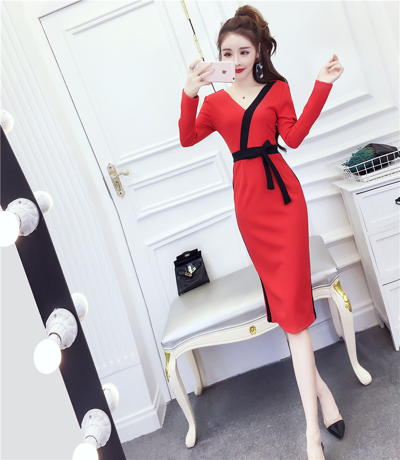 MY16224# 时尚气质网红蝴蝶结拼色v领中长款包臀连衣裙A#女裝貨源服...