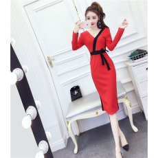 批发<b class='q'>实拍</b>2026春时尚气质网红蝴蝶结拼色v领中长款包臀连衣裙A#