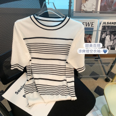 批发实拍 夏季新款圆领<b class='q'>条纹</b>冰丝针织衫女短袖镂空t恤修身打底上衣