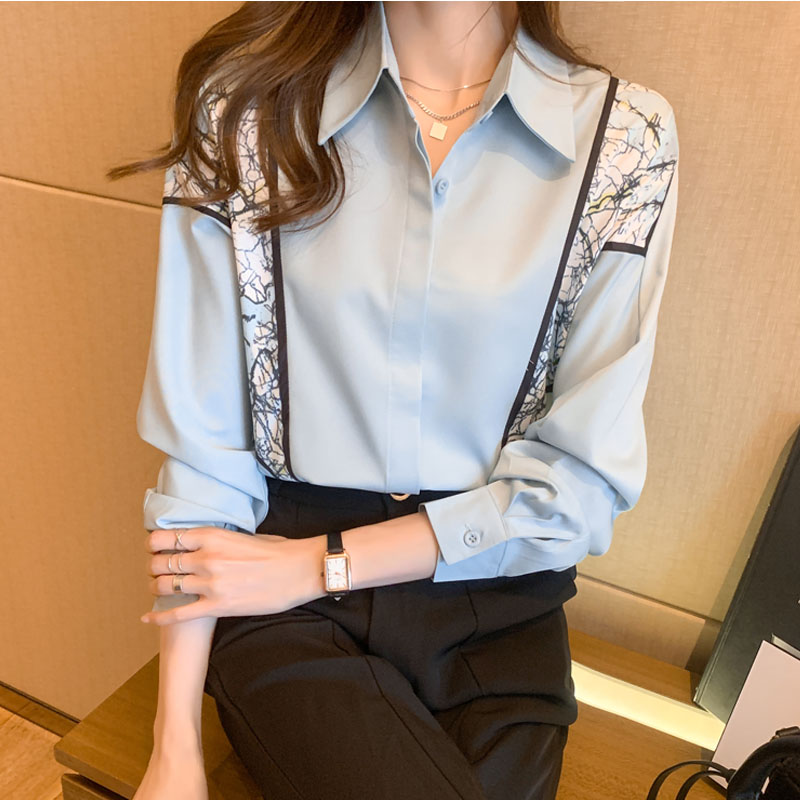 MY12893# 洋气显瘦新款女装翻领撞花雪纺衫上衣开衫衬衫打底衫衬衣女裝貨源服裝批發