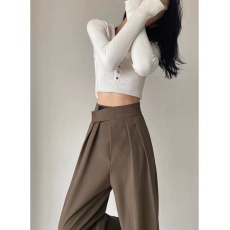 批发【非实拍】棕咖色春秋季休闲阔腿裤女垂坠感拖地西装直筒裤
