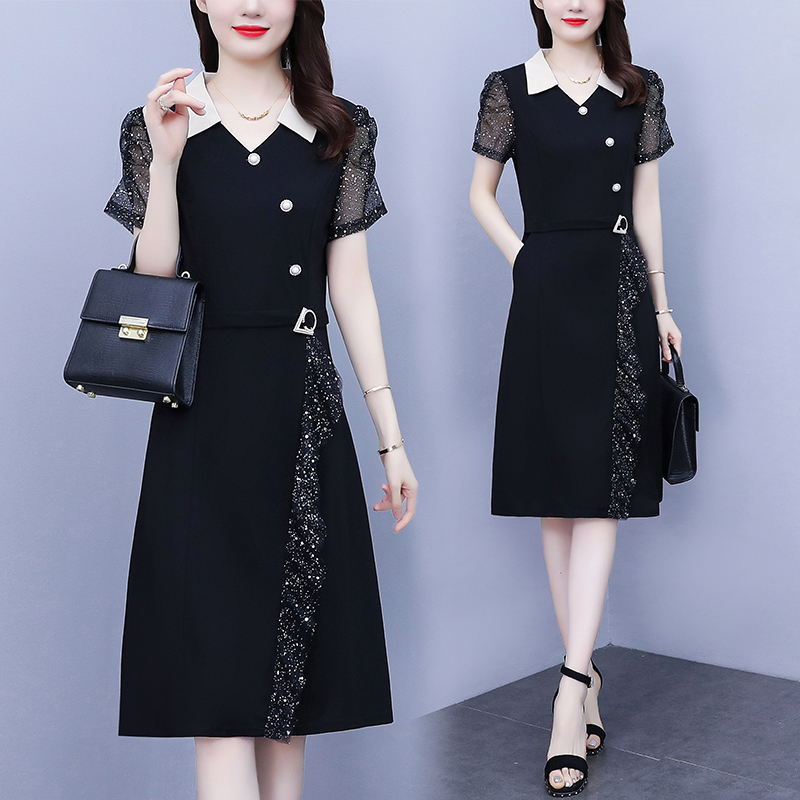 MY8582# 亮片网纱拼接大码新款中长款套头连衣裙夏女裝貨源服裝批發