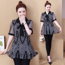 批发实拍2022夏新款宽松网纱<b class='q'>印花</b>T恤胖mm蝴蝶结中长款遮肚显瘦上衣