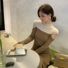 批发官图 秋冬新款拼色针织<b class='q'>连衣裙</b>女修身气质长款镂空毛衣打底包臀裙