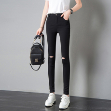 批发5610#春夏薄款<b class='q'>打底裤</b>女单纽扣<b class='q'>破洞</b>长裤小脚修身铅笔学生女裤子