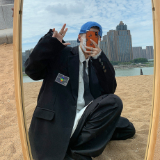 批发2022春中性风宽松贴标小西装休闲西服西装领纯色青年XF901/P95