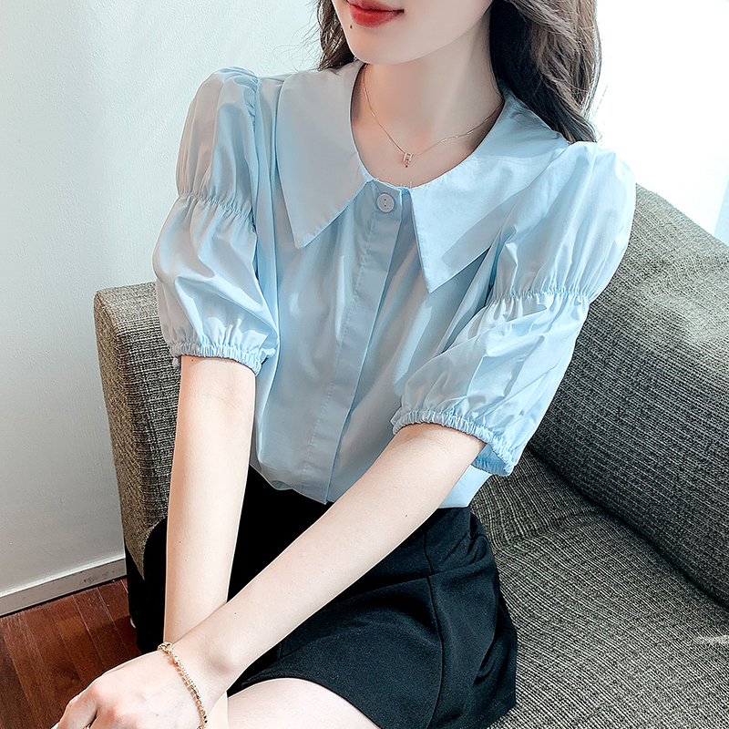 6130# 프랑스식 부드러운 바람 파란색 여성 셔츠 2026 여름 디자인 센스 작은 대중 Chic 버블 반팔 셔츠