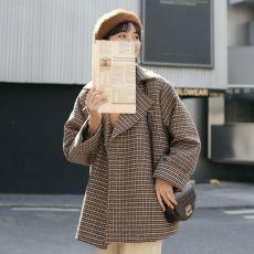 批发韩版复古千鸟格格子毛呢<b class='q'>西装</b>外套<b class='q'>女</b>秋冬2026新款绑带厚实呢子大衣