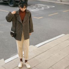 批发实拍 <b class='q'>千鸟格</b>格子毛呢西装外套女秋冬2025新款绑带厚实呢子大衣