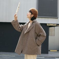 批发实拍 <b class='q'>千鸟格</b>格子毛呢西装外套女秋冬2025新款绑带厚实呢子大衣