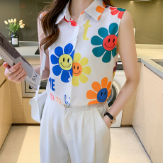 批发实拍洋气夏季太阳花坎肩透气背心女外穿衬衫无袖雪纺打底内搭上衣