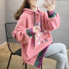 批发实拍大卫衣秋冬2021中长款潮流印花加绒连帽长袖卫衣女