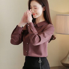 批发实拍洋气春装新款女装翻领蓝色<b class='q'>雪纺衫</b>显瘦开衫衬衫打底衫衬衣