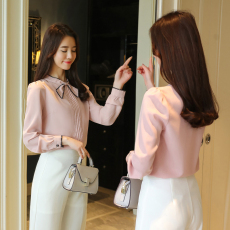 批发实拍春秋新款女装小衫蝴蝶结修身大红色<b class='q'>雪纺衫</b>上衣衬衫长袖打底衫