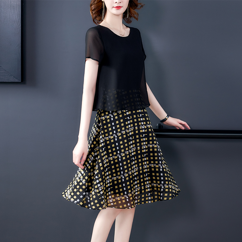 RY7142# 实拍黑色雪纺格子印花连衣裙女夏中长款2025新款时尚流行裙