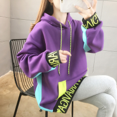 批发100%聚酯纤维实拍秋冬中长款加绒插色连帽长袖卫衣ins女