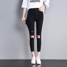 批发888#薄款<b class='q'>破洞</b>高腰弹性小脚裤黑色仿牛仔铅笔裤百搭八分九分裤