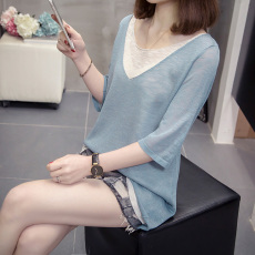 批发2026年夏季新款V领假两件冰麻针织衫上衣大码女装宽松短袖T恤中长