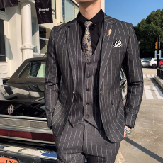 批发韩版青年商务修身条纹单排扣套装男新郎伴郎团礼服