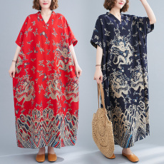 批发实拍2026夏季新款棉麻<b class='q'>印花</b>v领宽松大码简约度假风长裙女沙滩裙