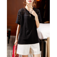 批发限价+12+小视频2022夏季时尚蕾丝拼接<b class='q'>饰品</b>装饰V领T恤宽松上衣女