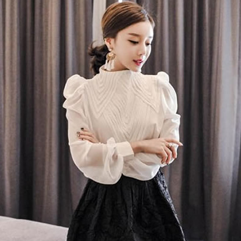 2026 봄 가을 새로운 프랑스식 무거운 작업 자수 스탠드 칼라 벌룬 소매 쉬폰 여성 셔츠 다용도 패션 맨위