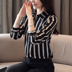 实拍长袖雪纺衫职业装上衣秋装女装气质衬衫翻领条纹小衫打底衫