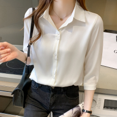 批发实拍 白<b class='q'>衬衫</b>女七分袖<b class='q'>职业</b>气质缎面<b class='q'>衬衣</b>女