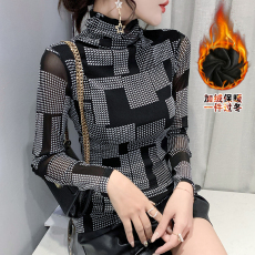 批发加厚秋装新款半高领长袖<b class='q'>网纱</b>印花t恤女时尚修身<b class='q'>打底衫</b>潮