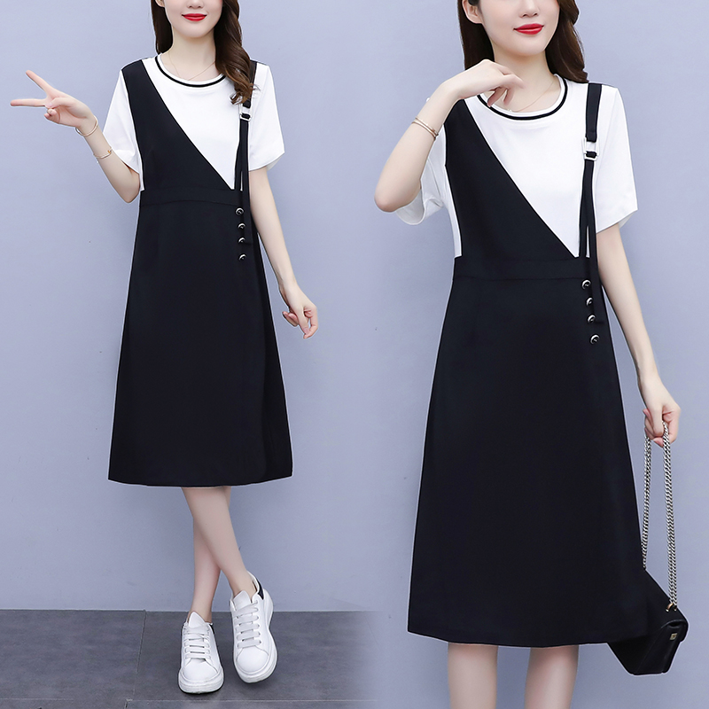 MY15593# 夏季新款韩版撞色小香风黑白拼接假两件时尚气质连衣裙女裝貨...