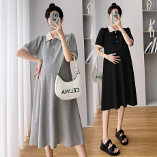 批发实拍孕妇装新款孕妇夏装翻领中长款孕妇短袖时尚连衣裙