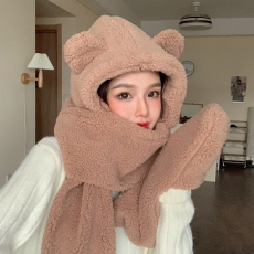 批发008原版网红新款小熊帽子女秋冬天保暖围巾一体冬季手套<b class='q'>可爱</b>围脖