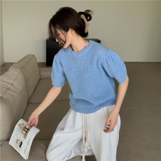 批发实拍实价 新款复古温柔小众泡泡袖毛衣短袖上衣