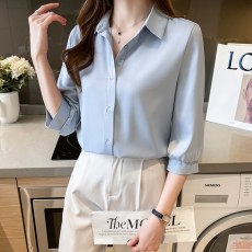 批发实拍 醋酸<b class='q'>衬衫</b>女夏季缎面七分袖上衣高级感简约<b class='q'>职业</b><b class='q'>衬衣</b>