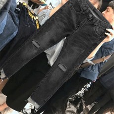 批发胖MM修身显瘦弹力九分裤200斤大码高腰不规则开叉牛仔裤女装潮