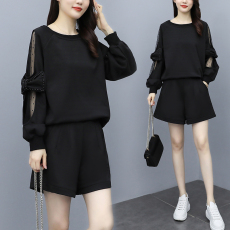 批发实拍 春季<b class='q'>新款</b>套装女 宽松拼接蕾丝钉珠长袖<b class='q'>短裤</b>两件套大码女装