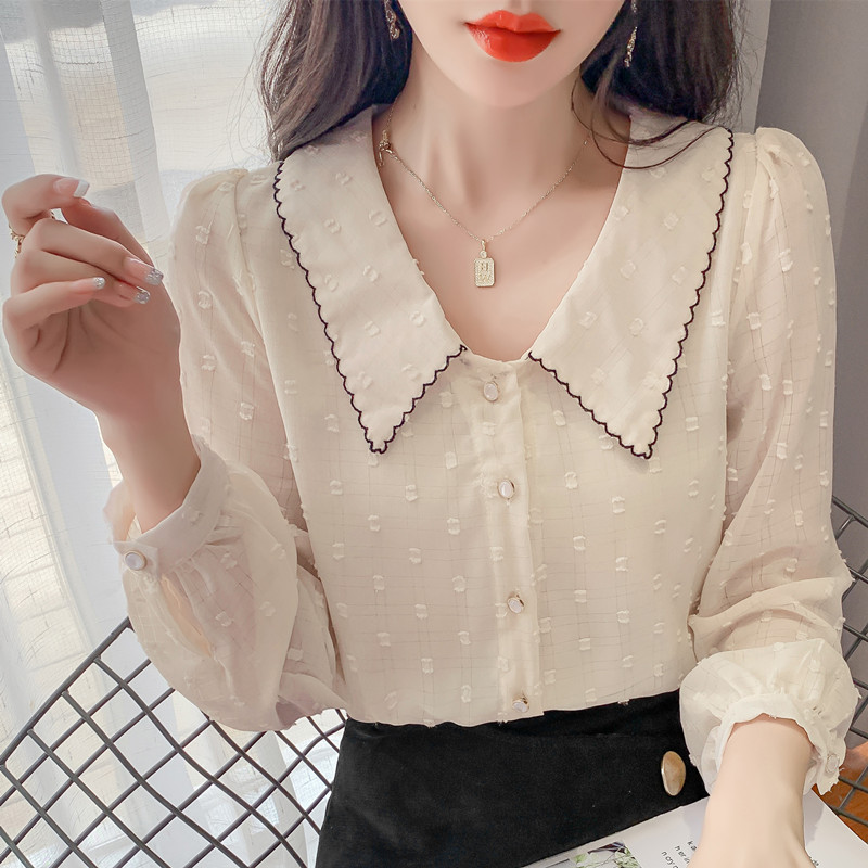 MY13484# 娃娃领雪纺衬衫女超仙新款雪纺衫长袖宽松甜美上衣女裝貨源服裝批發