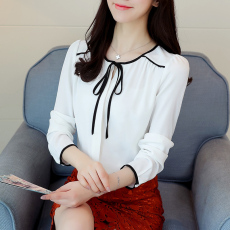 批发实拍春秋新款女装系带<b class='q'>雪纺衫</b>白衬衫长袖小衫蝴蝶结上衣打底衫衬衣