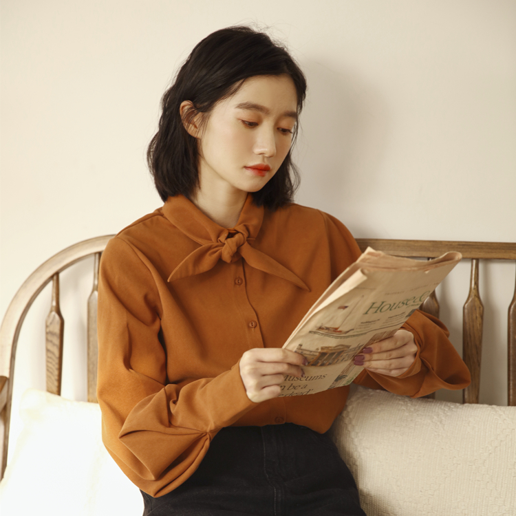 봄 롱롱 분위기 센스 셔츠 여성 긴 소매 새로운 한국 스타일 레트로 벌룬 소매 루즈핏 chic 디자인 센스 셔츠