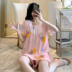 批发爱丽#夏季韩版新款短袖公主风坑条花边甜美<b class='q'>女</b>睡衣家居服<b class='q'>套装</b>直播