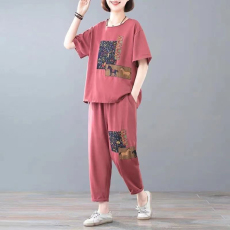 批发新款韩版宽松圆领胖mm大码遮肉显瘦文艺复古印花休闲两件套装