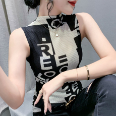 批发2026秋季新款时尚印花字母无袖半高领T恤女修身气质上衣显瘦女